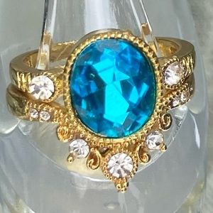 Gold Toned Blue and Crystal Ring Set